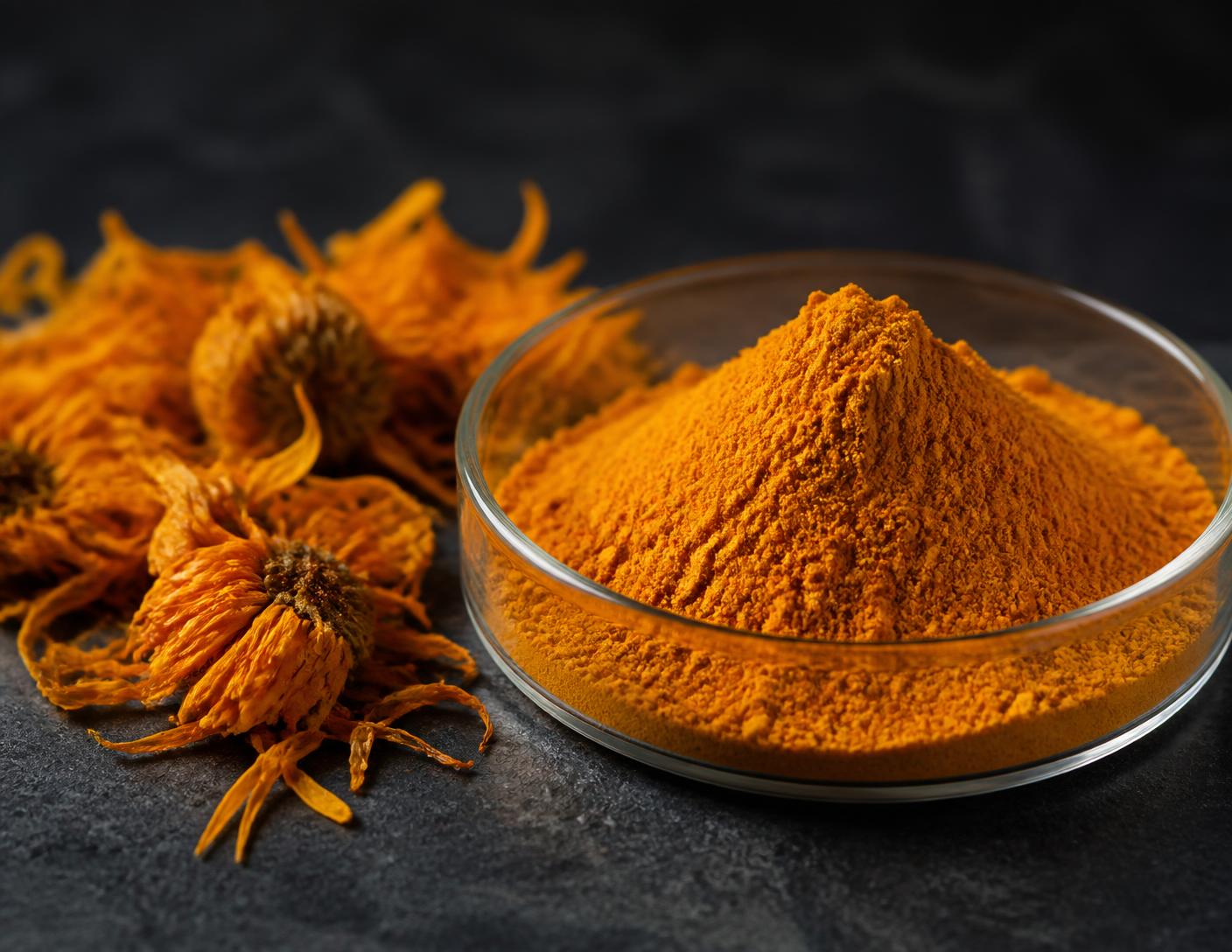Standardized marigold extract powder beside dried Tagetes erecta petals